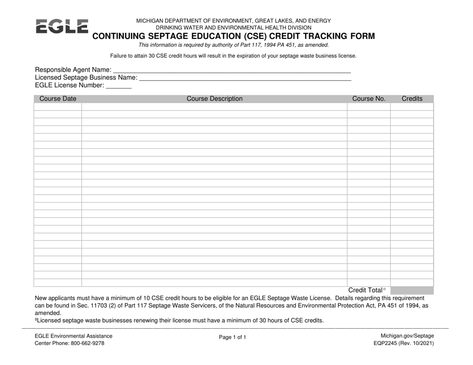 Form EQP2245 Continuing Septage Education (Cse) Credit Tracking Form - Michigan, Page 1