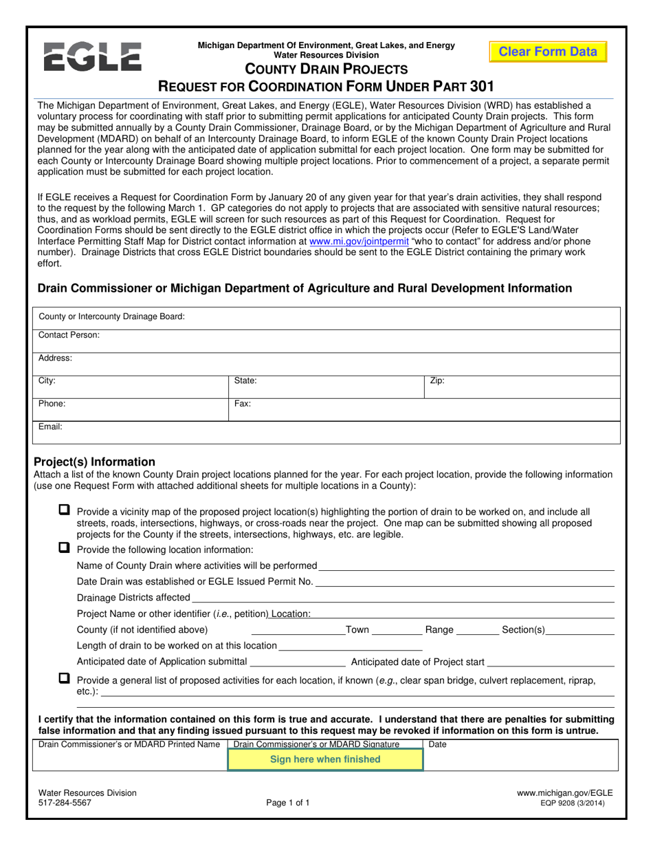 Form EQP9208 County Drain Projects Request for Coordination Form Under Part 301 - Michigan, Page 1