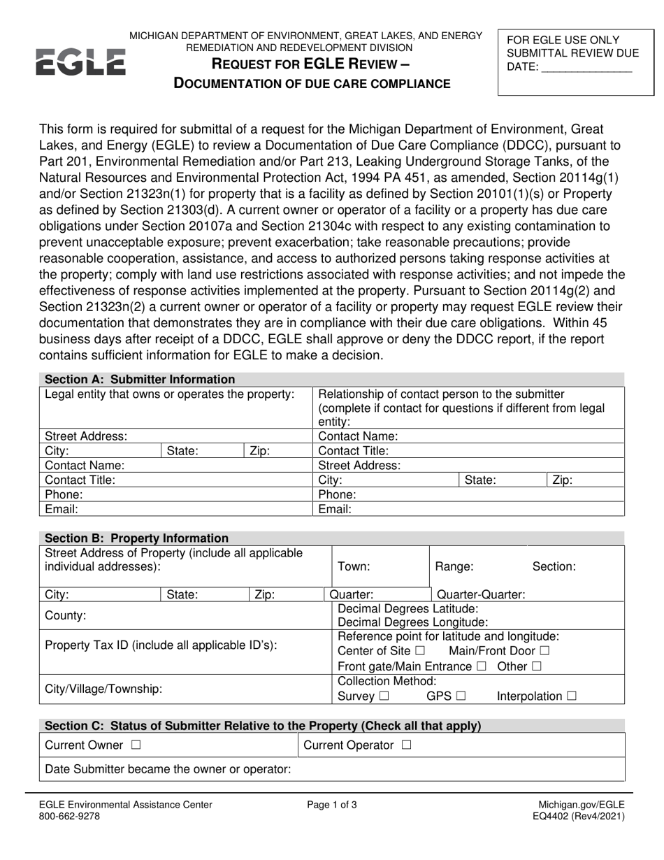 Form EQP4402 Request for Egle Review - Documentation of Due Care Compliance - Michigan, Page 1