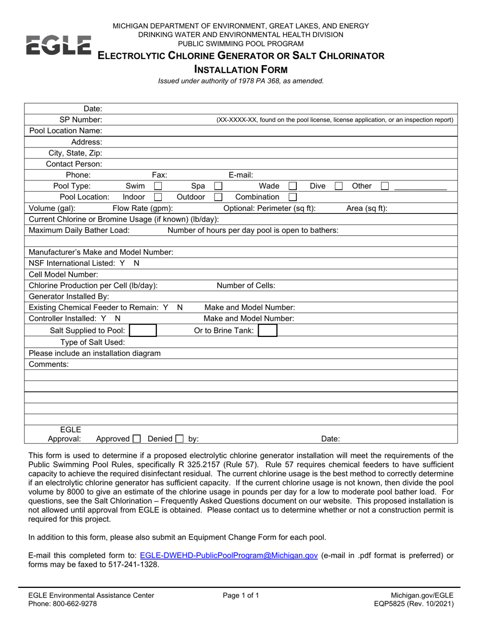 Form EQP5825 Electrolytic Chlorine Generator or Salt Chlorinator Installation Form - Michigan, Page 1