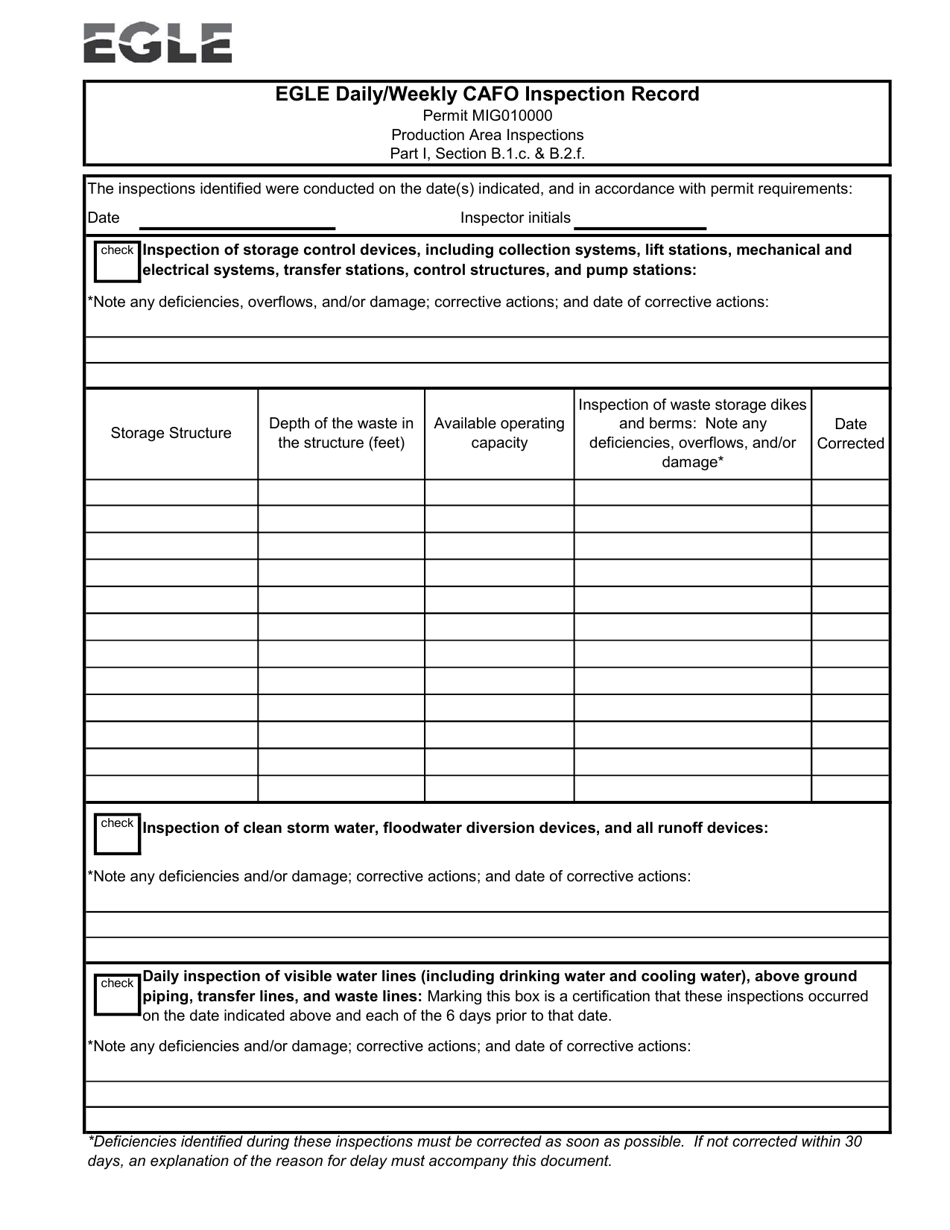 Michigan Egle Daily/Weekly Cafo Inspection Record Fill Out, Sign