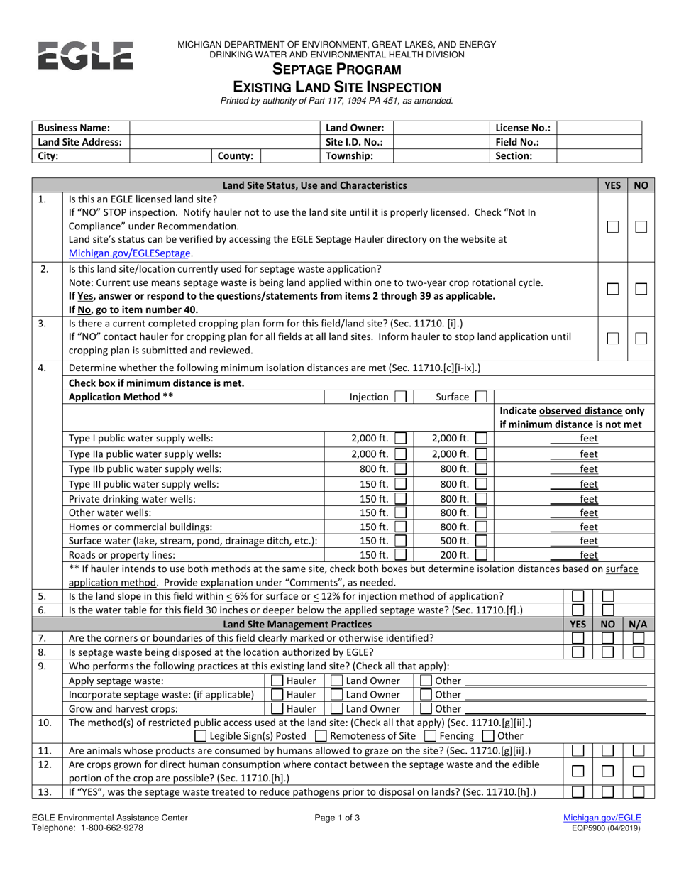 Form EQP5900 Existing Land Site Inspection - Michigan, Page 1