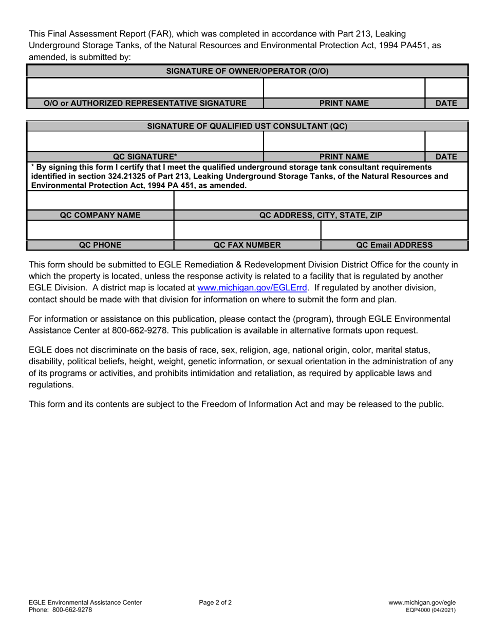 Form EQP4000 Leaking Underground Storage Tank Final Assessment Report Cover Sheet - Michigan, Page 2