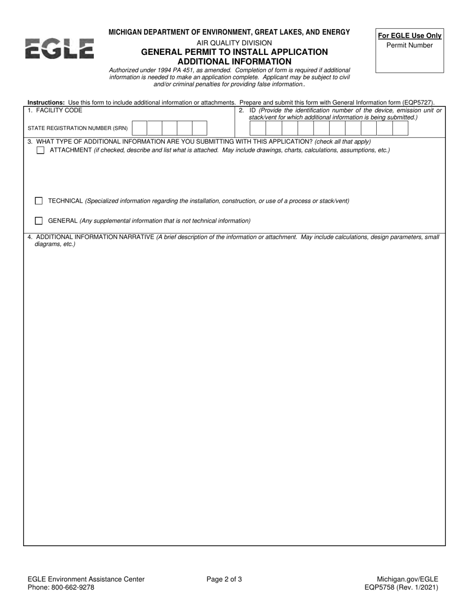 Form EQP5758 General Air Permit to Install Application - Remediation Process for Gasoline  Petroleum-Based Contaminants - Michigan, Page 2