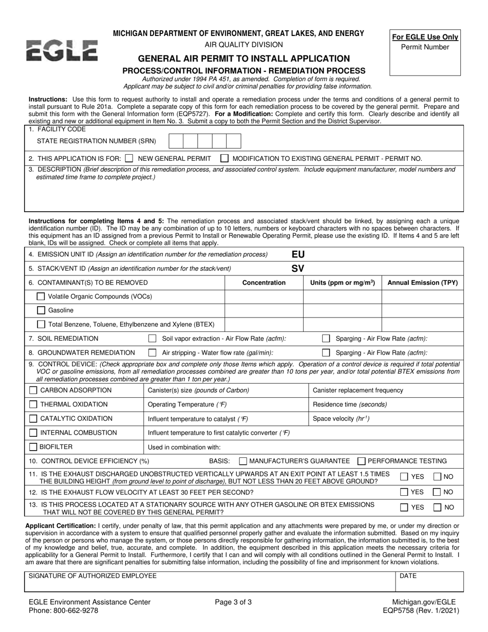 Form EQP5758 General Air Permit to Install Application - Remediation Process for Gasoline  Petroleum-Based Contaminants - Michigan, Page 3