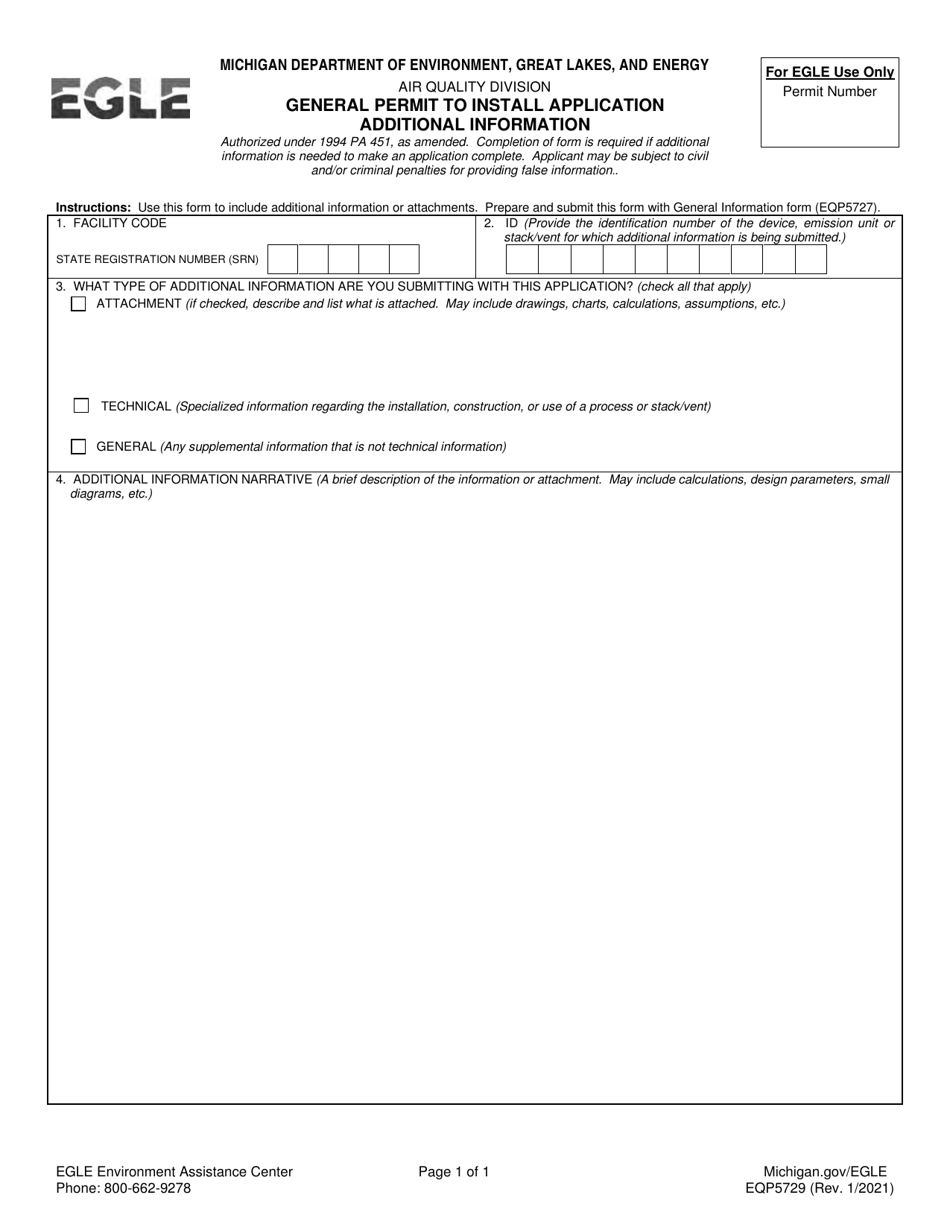 Form EQP5729 General Permit to Install Application Additional Information - Michigan, Page 1