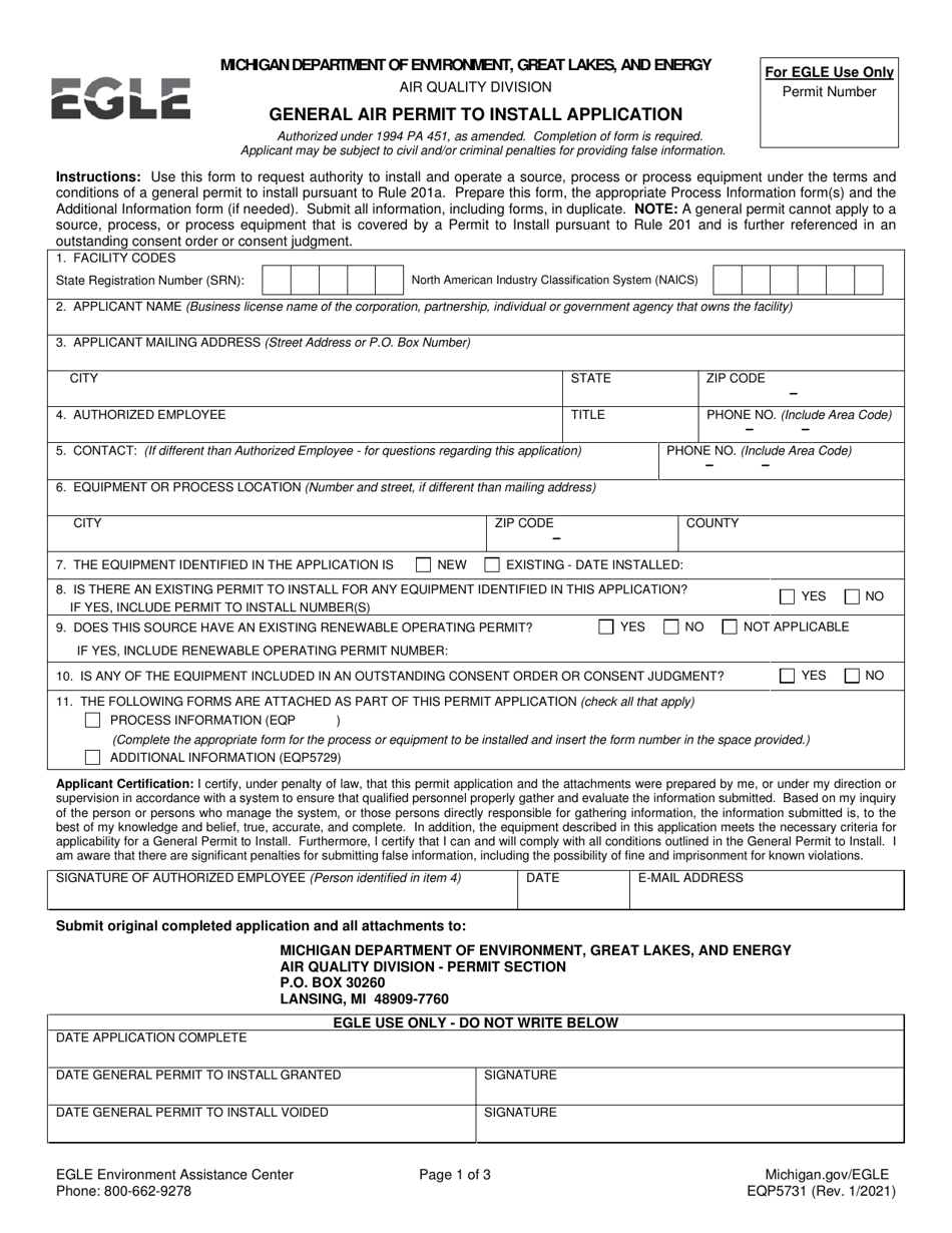 Form EQP5731 General Air Permit to Install Application - Anhydrous Ammonia Storage and Handling - Michigan, Page 1
