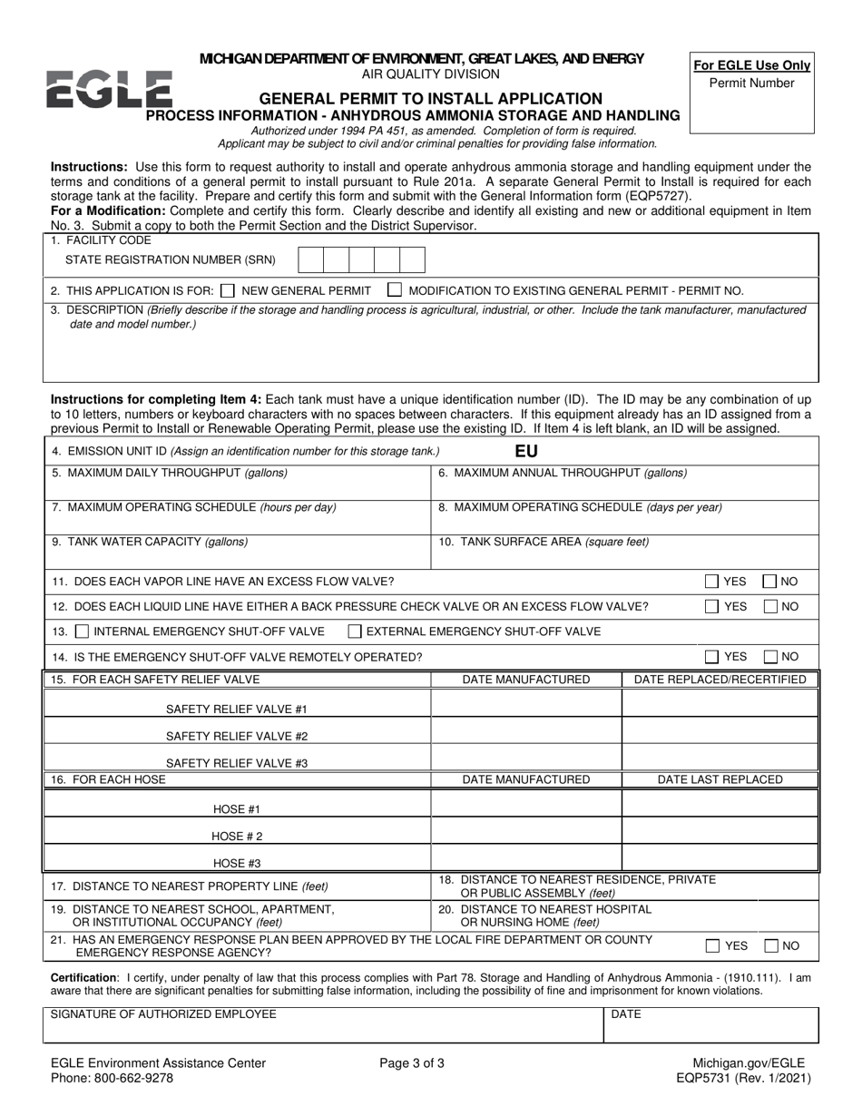 Form EQP5731 General Air Permit to Install Application - Anhydrous Ammonia Storage and Handling - Michigan, Page 3