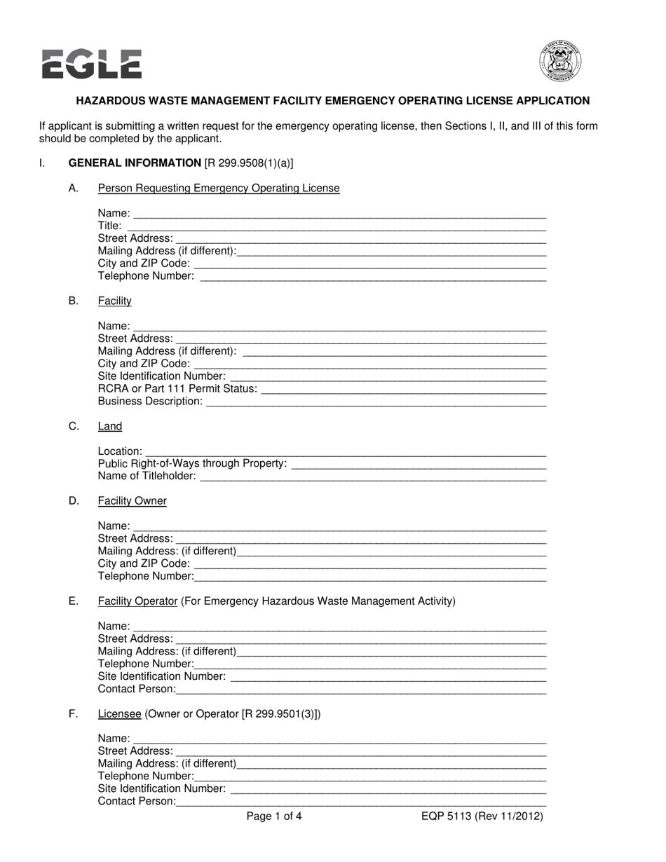 Form EQP5113 Hazardous Waste Management Facility Emergency Operating License Application - Michigan, Page 1