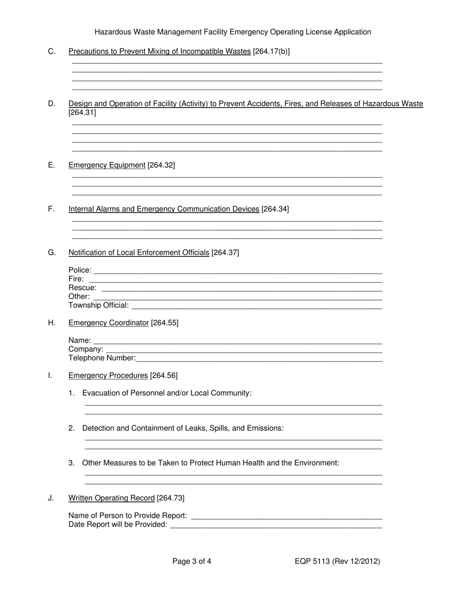 Form EQP5113 Hazardous Waste Management Facility Emergency Operating License Application - Michigan, Page 3