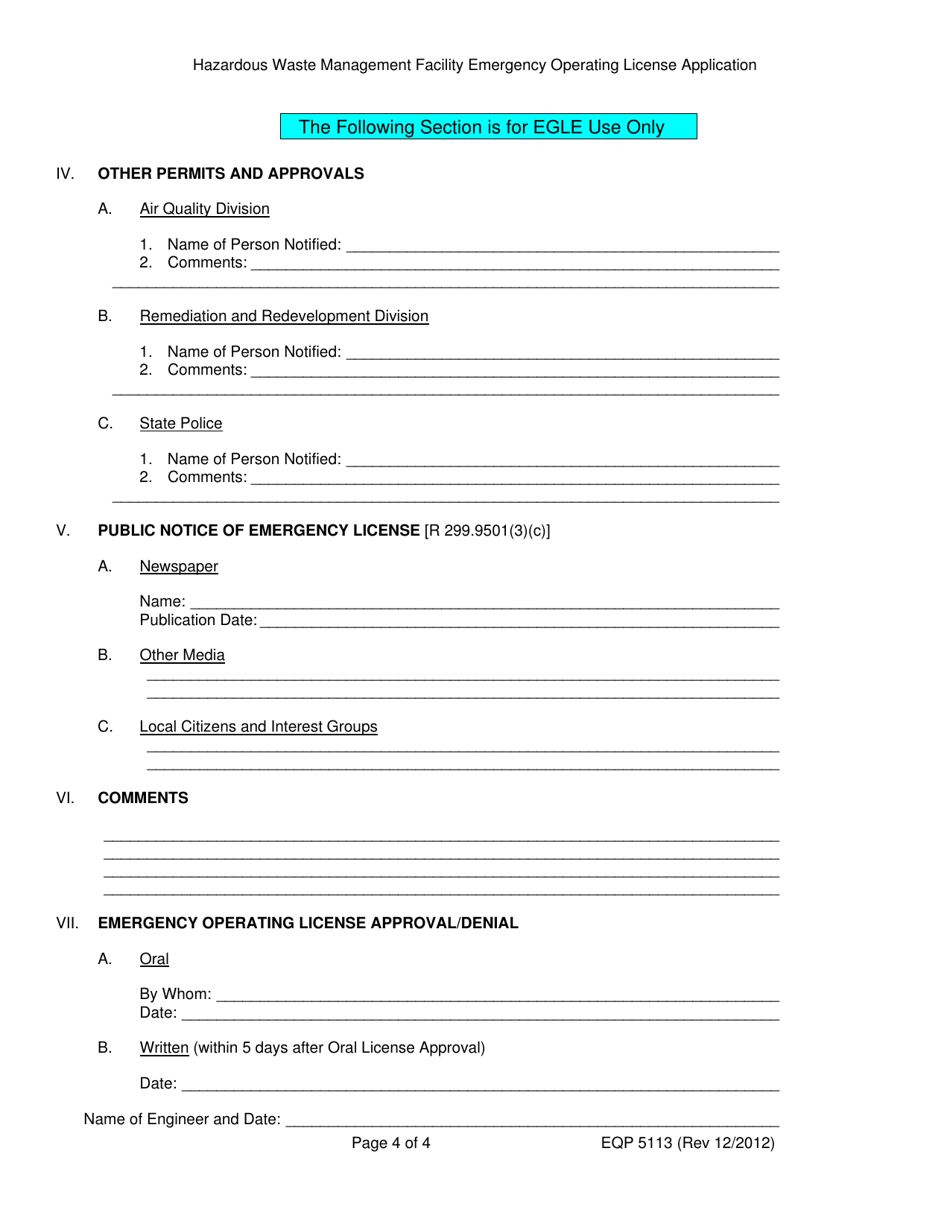 Form EQP5113 Hazardous Waste Management Facility Emergency Operating License Application - Michigan, Page 4