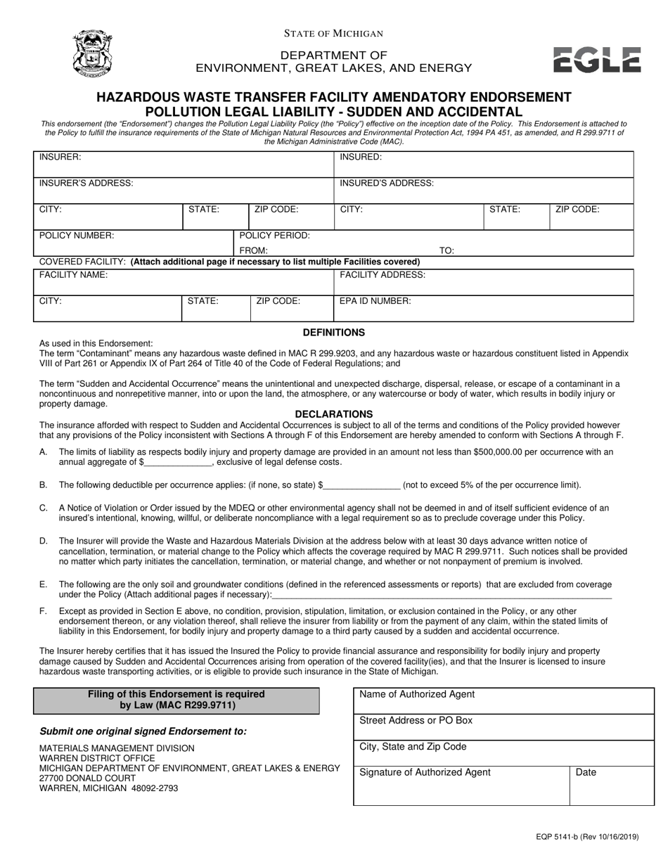 Form EQP5141-B Hazardous Waste Transfer Facility Amendatory Endorsement Pollution Legal Liability - Sudden and Accidental - Michigan, Page 1