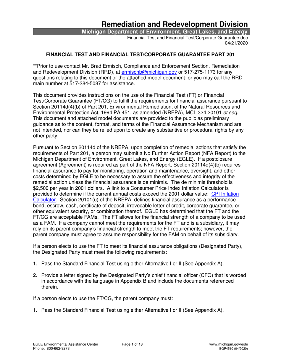 Form EQP4510 Financial Test - Corporate Guarantee - Michigan, Page 1