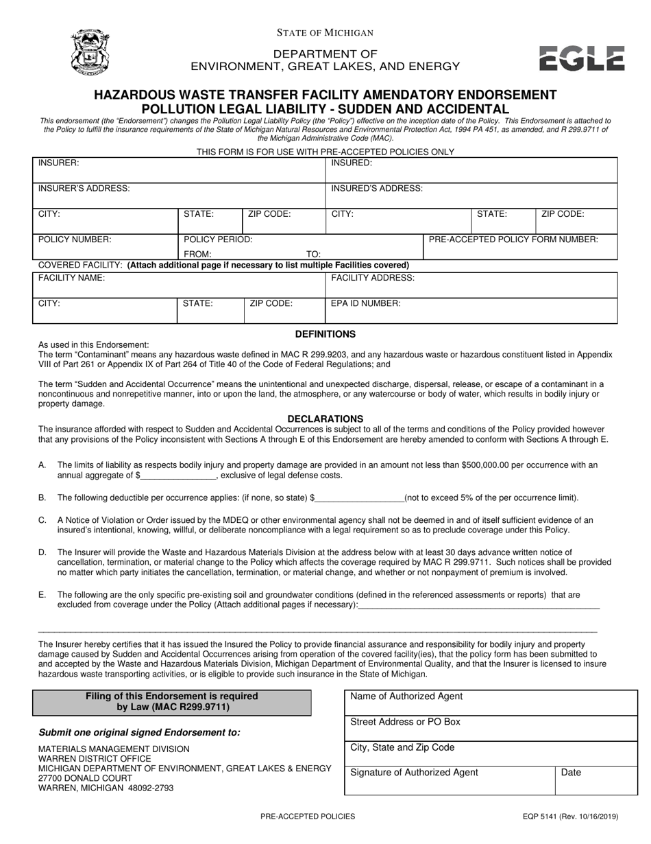 Form EQP5141 Transfer Facility Amendatory Endorsement for Pre-accepted Policies - Michigan, Page 1