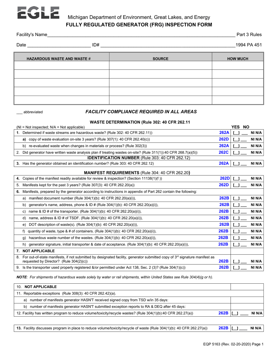 Form EQP5163 Fully Regulated Generator (Frg) Inspection Form - Michigan, Page 1