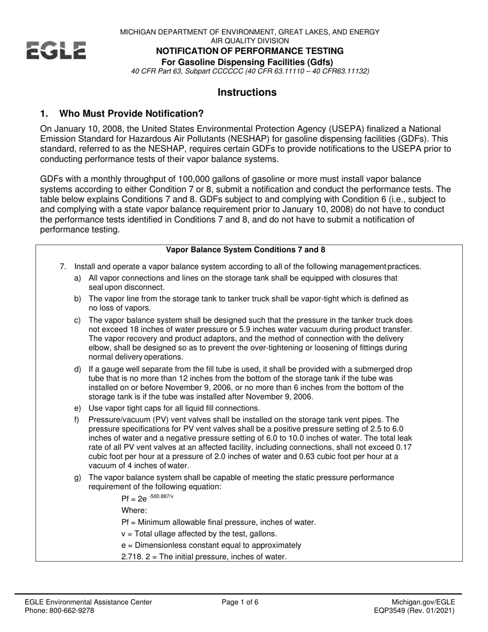 Form EQP3549 Notification of Performance Testing for Gasoline Dispensing Facilities (Gdfs) - Michigan, Page 1