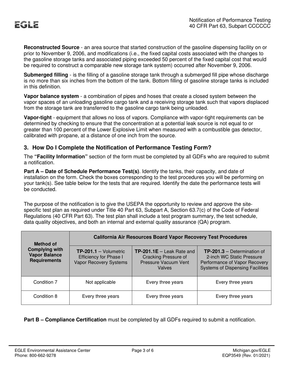 Form EQP3549 Notification of Performance Testing for Gasoline Dispensing Facilities (Gdfs) - Michigan, Page 3