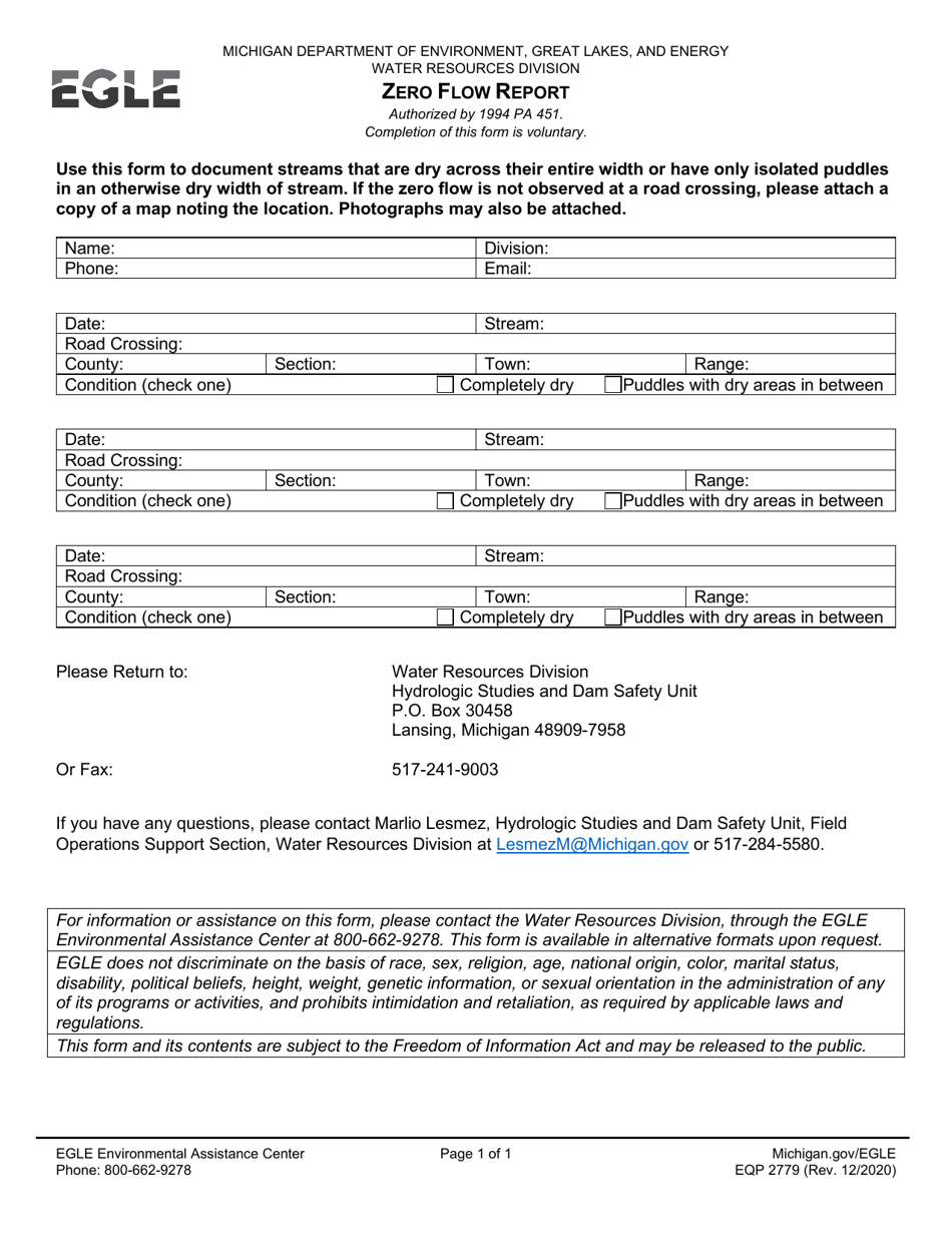 Form EQP2779 Zero Flow Report - Michigan, Page 1