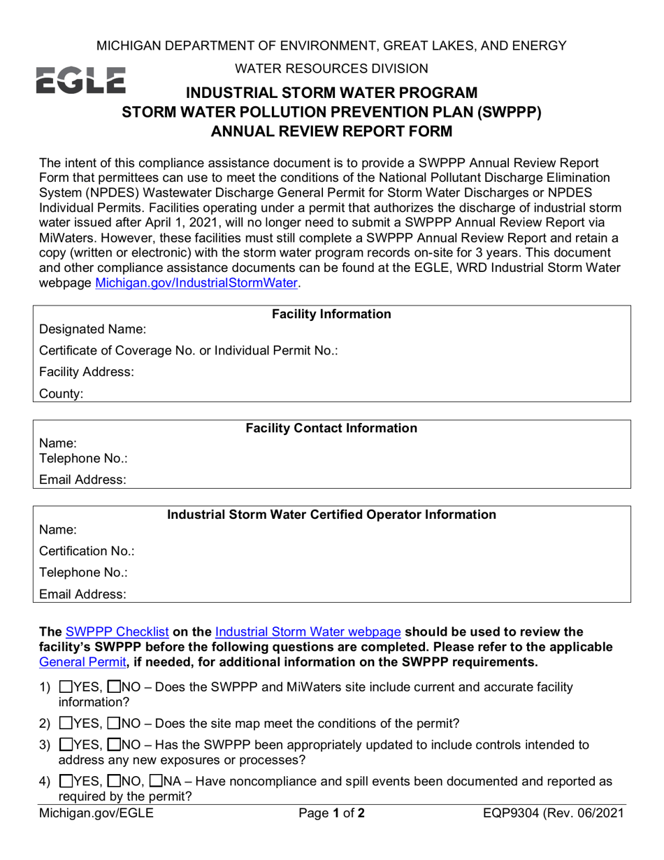 Form EQP9304 Storm Water Pollution Prevention Plan (Swppp) Annual Review Report Form - Michigan, Page 1