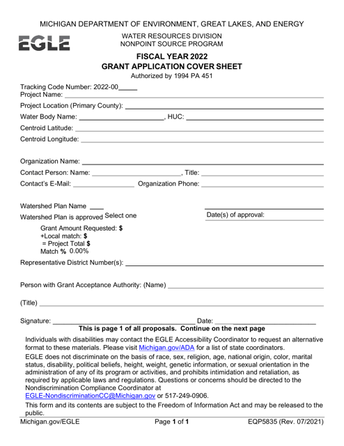 Form EQP5835 Grant Application Cover Sheet - Michigan, 2022