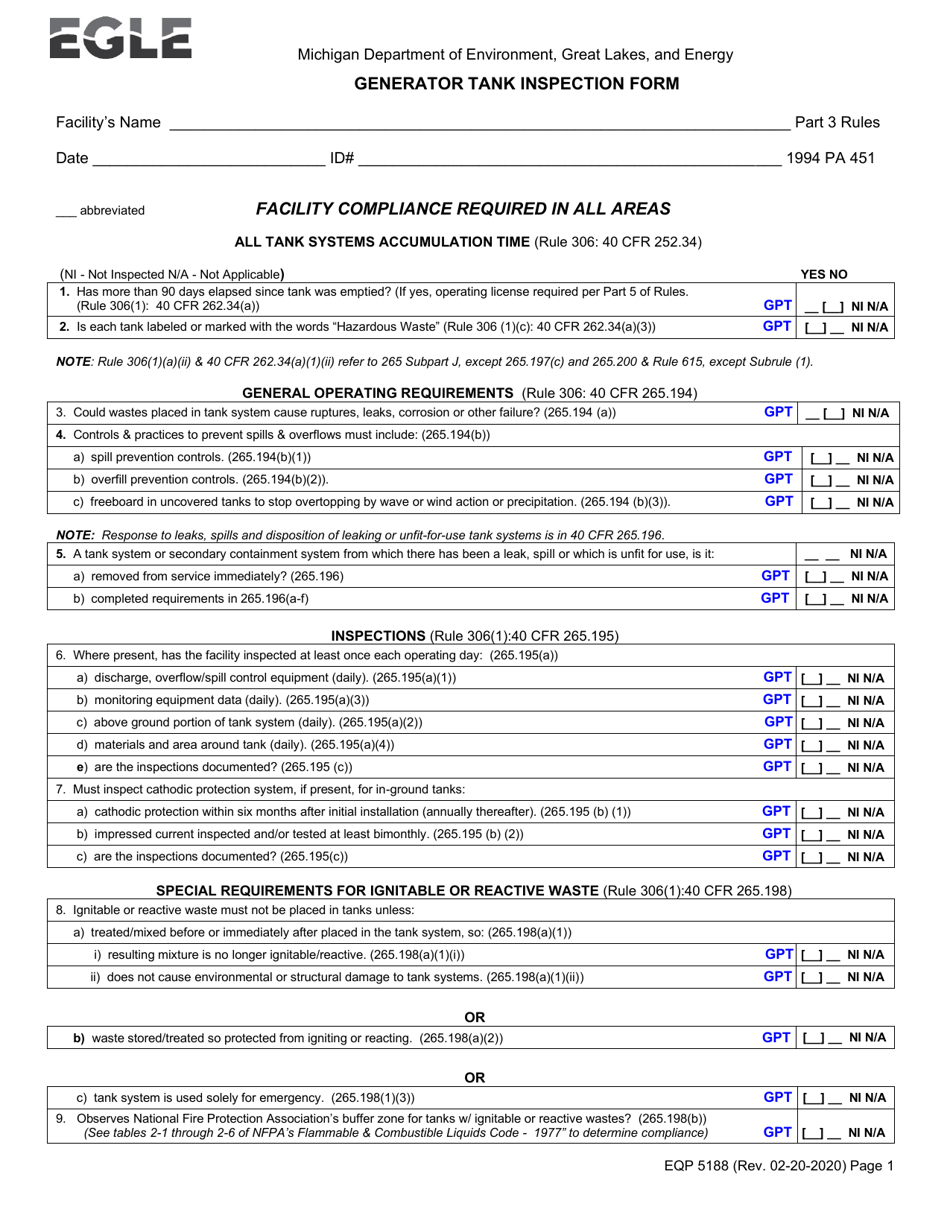 Form EQP5188 Generator Tank Inspection Form - Michigan, Page 1