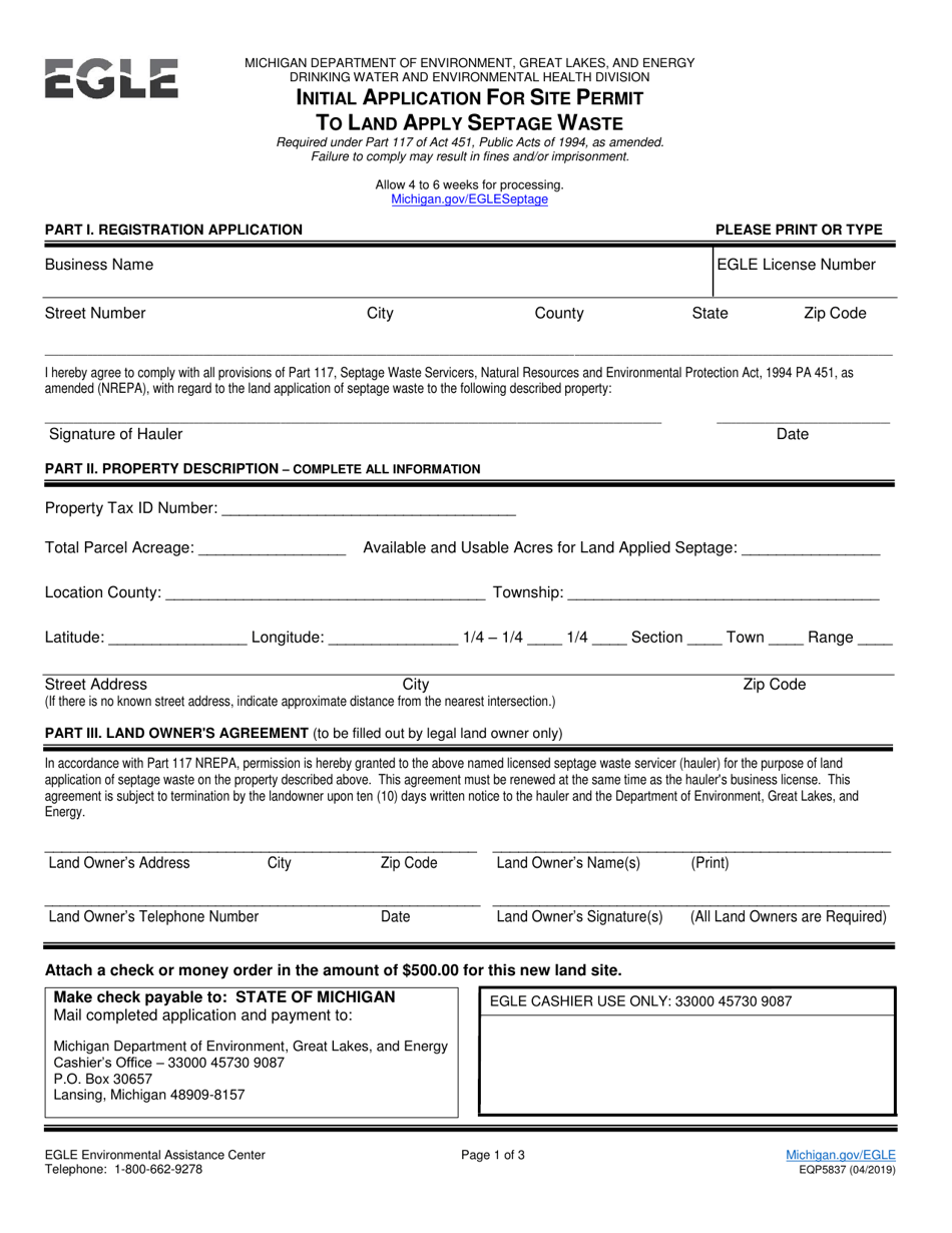 Form EQP5837 Initial Application for Site Permit to Land Apply Septage Waste - Michigan, Page 1