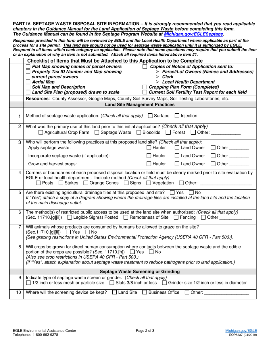Form EQP5837 Initial Application for Site Permit to Land Apply Septage Waste - Michigan, Page 2
