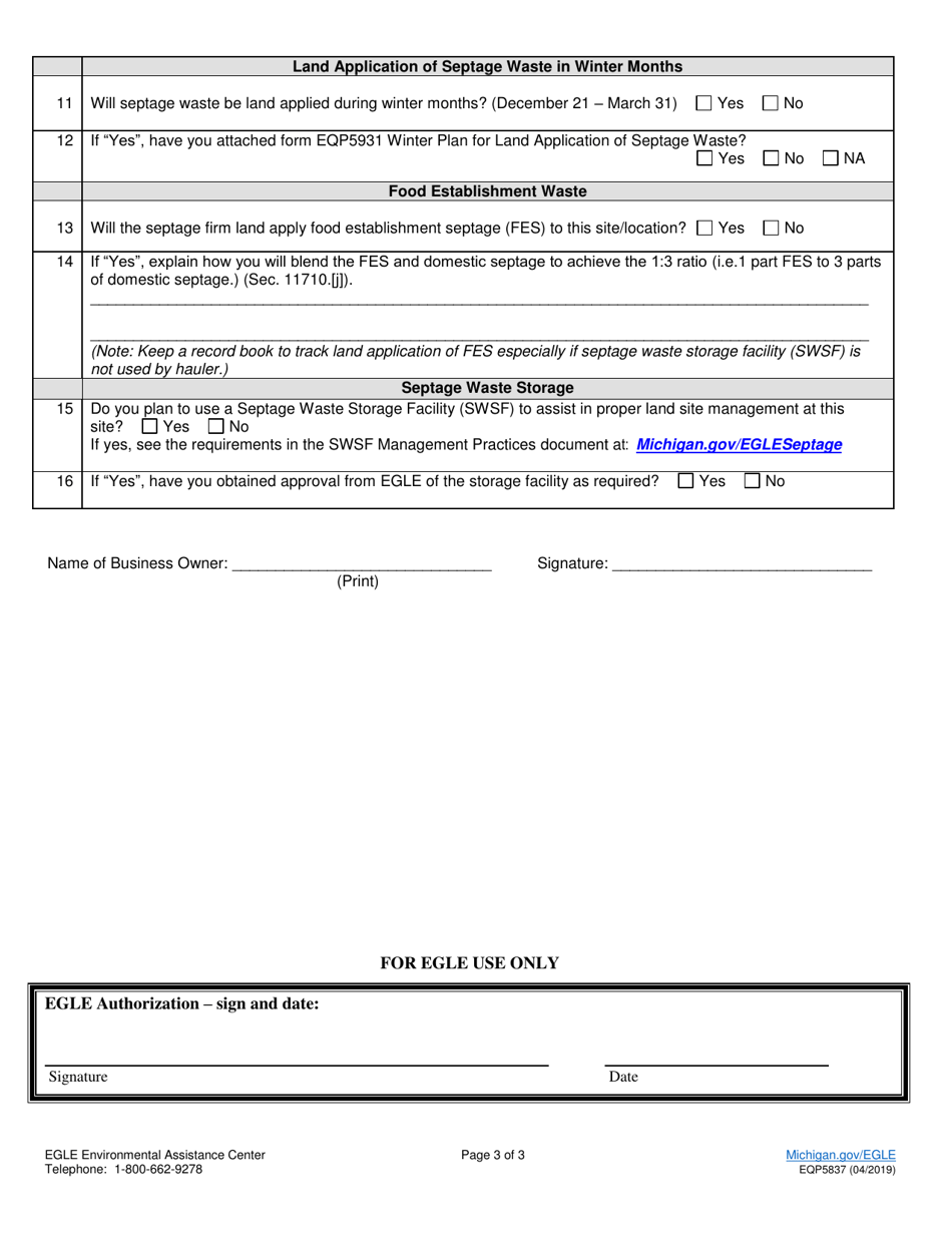 Form EQP5837 Initial Application for Site Permit to Land Apply Septage Waste - Michigan, Page 3
