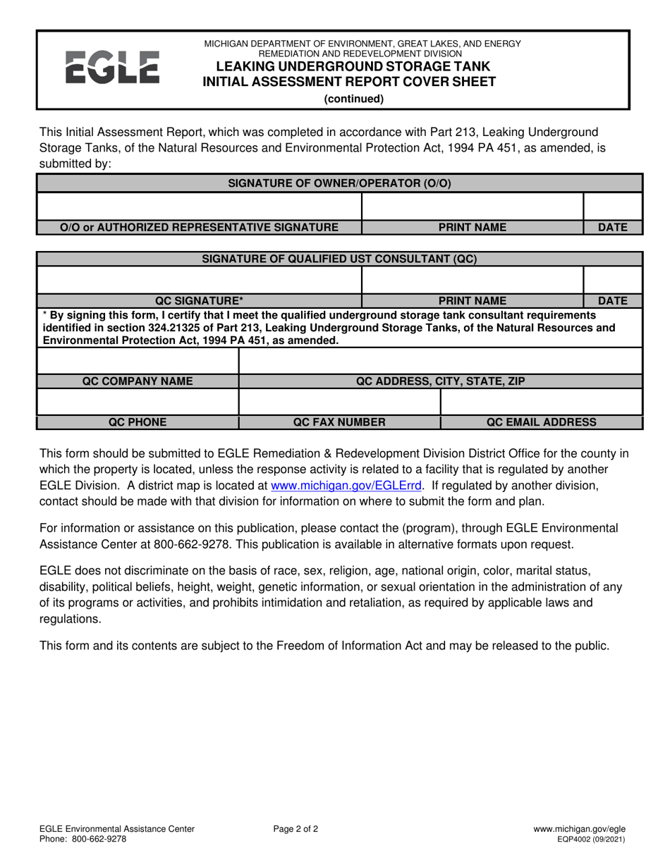 Form EQP4002 Leaking Underground Storage Tank Initial Assessment Report Cover Sheet - Michigan, Page 2