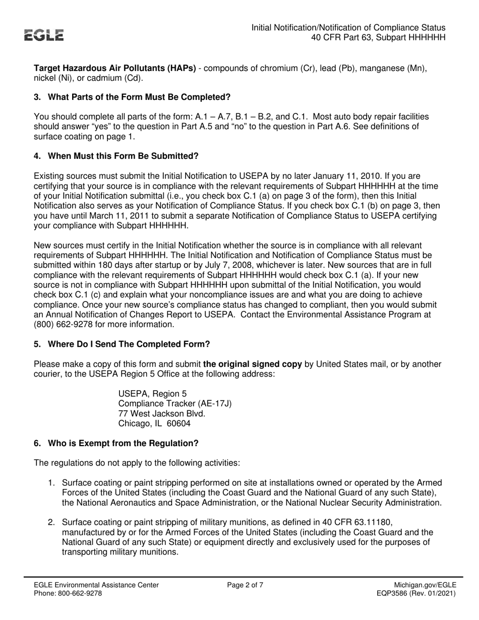 Form EQP3586 Initial Notification / Notification of Compliance Status for Paint Stripping and Miscellaneous Surface Coating Operations - Michigan, Page 2
