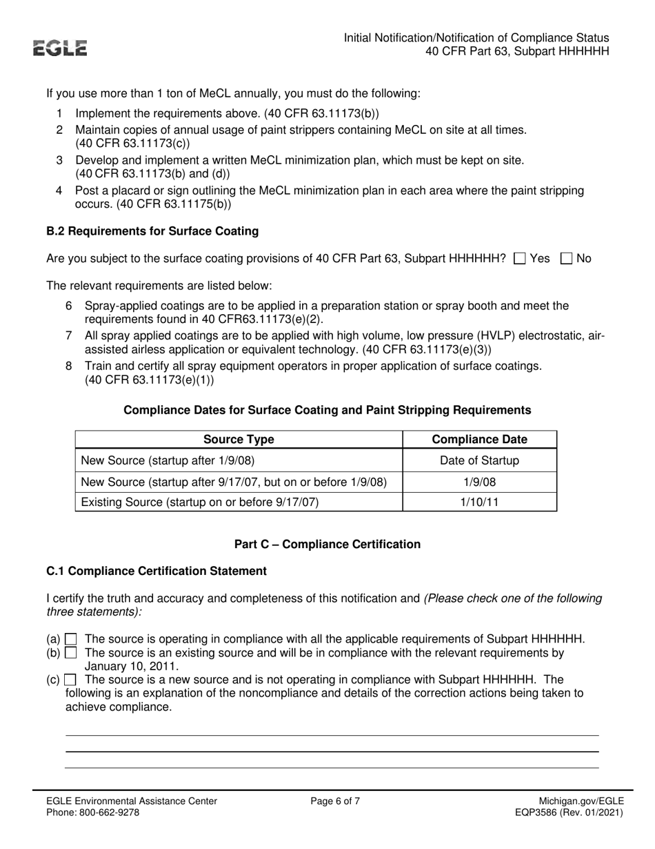 Form EQP3586 Initial Notification / Notification of Compliance Status for Paint Stripping and Miscellaneous Surface Coating Operations - Michigan, Page 6