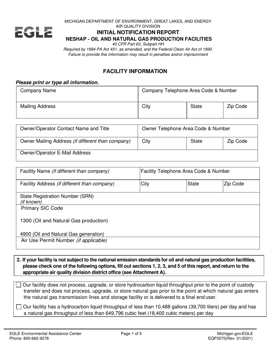 Form EQP3570 Initial Notification Report - Neshap - Oil and Natural Gas Production Facilities - Michigan, Page 1
