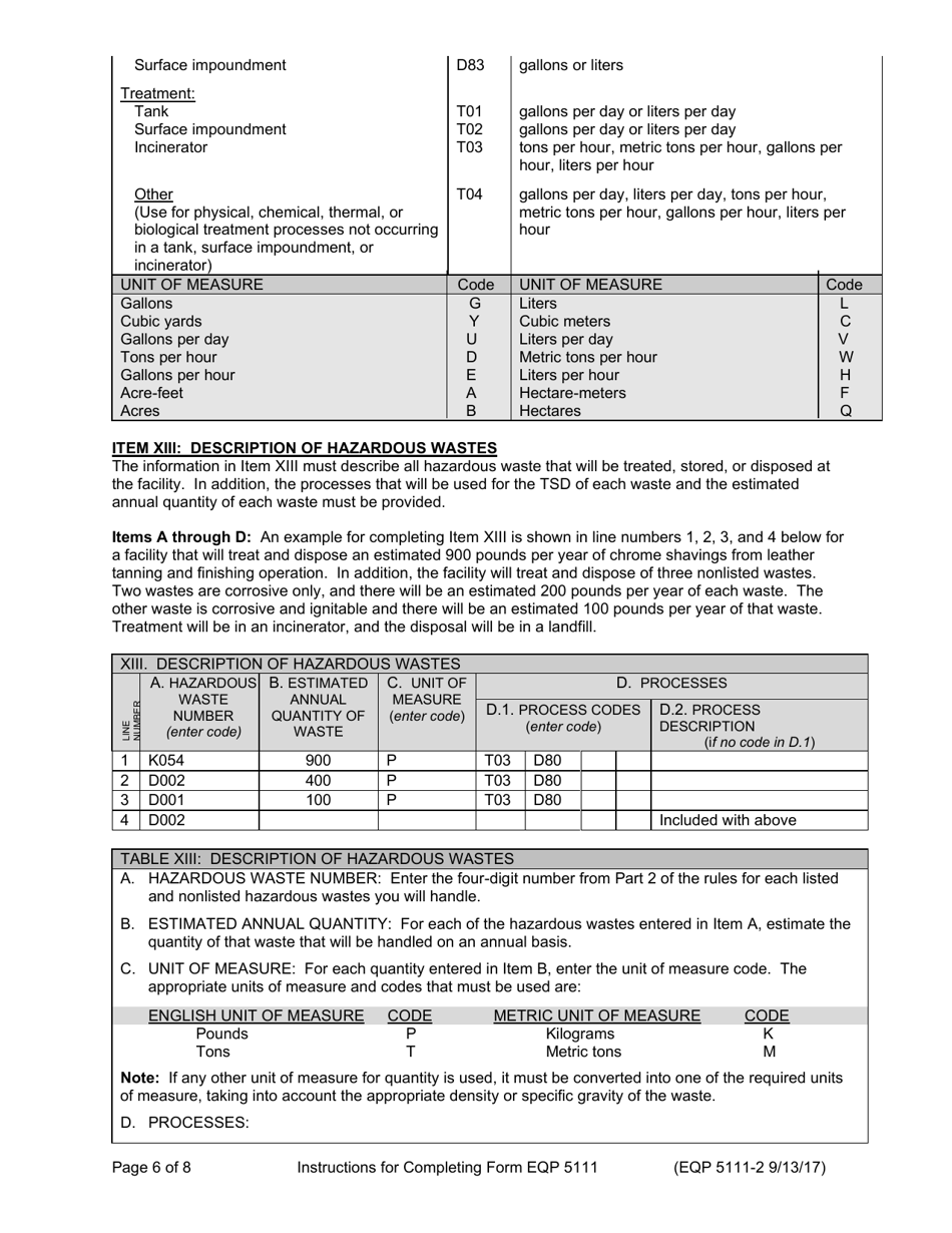 Instructions for Form EQP5111 Operating License Application Form for Hazardous Waste Treatment, Storage, and Disposal Facilities - Michigan, Page 6