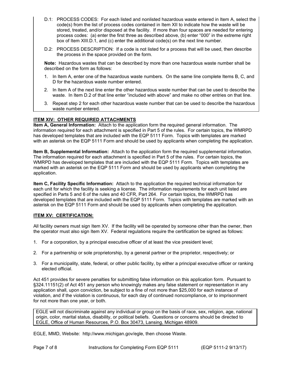 Instructions for Form EQP5111 Operating License Application Form for Hazardous Waste Treatment, Storage, and Disposal Facilities - Michigan, Page 7