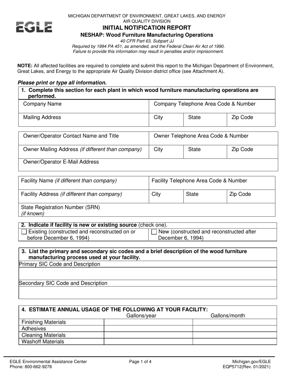Form EQP5712 Initial Notification Report - Neshap: Wood Furniture Manufacturing Operations - Michigan, Page 1