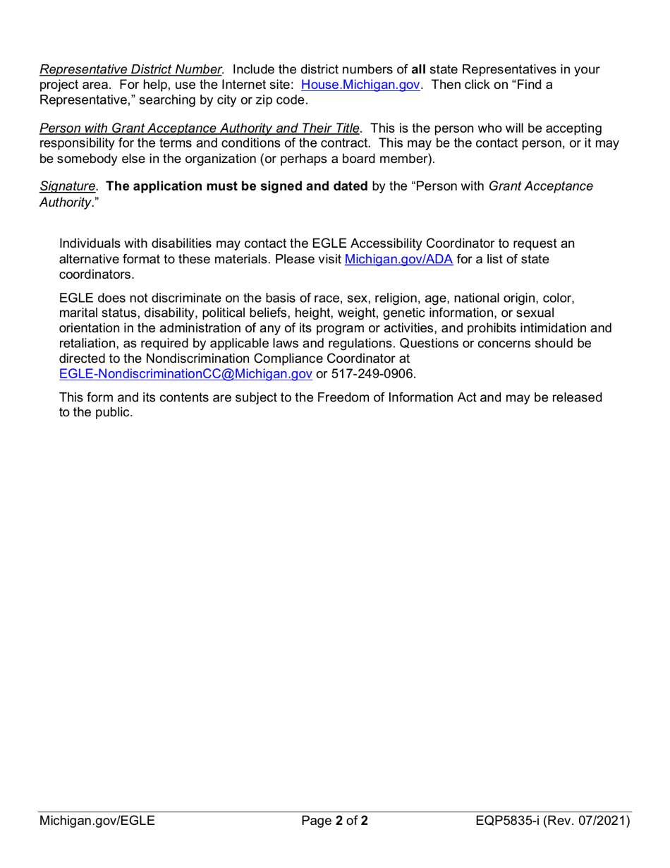 Instructions for Form EQP5835 Grant Application Cover Sheet - Nonpoint Source Program - Michigan, Page 2