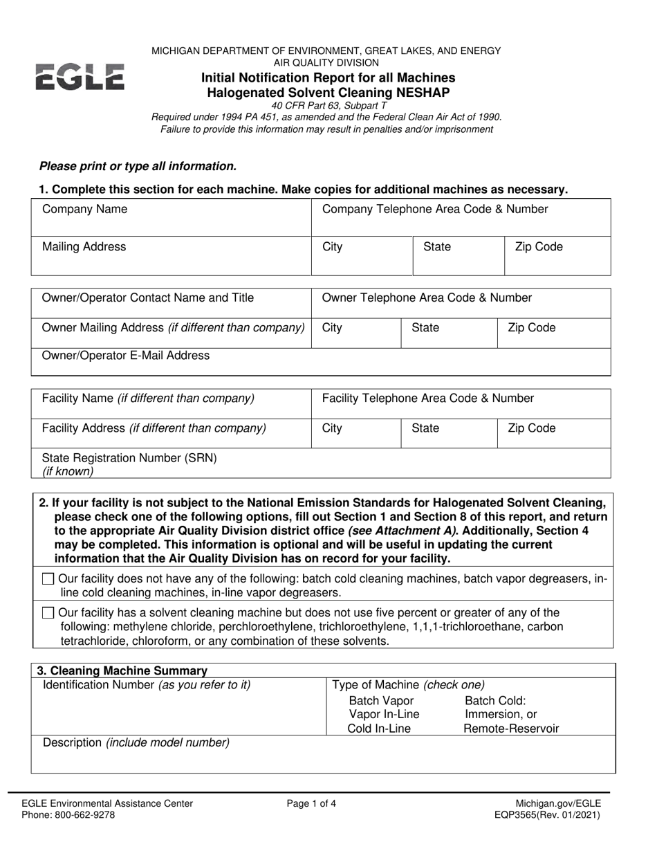 Form EQP3565 Initial Notification Report for All Machines Halogenated Solvent Cleaning Neshap - Michigan, Page 1