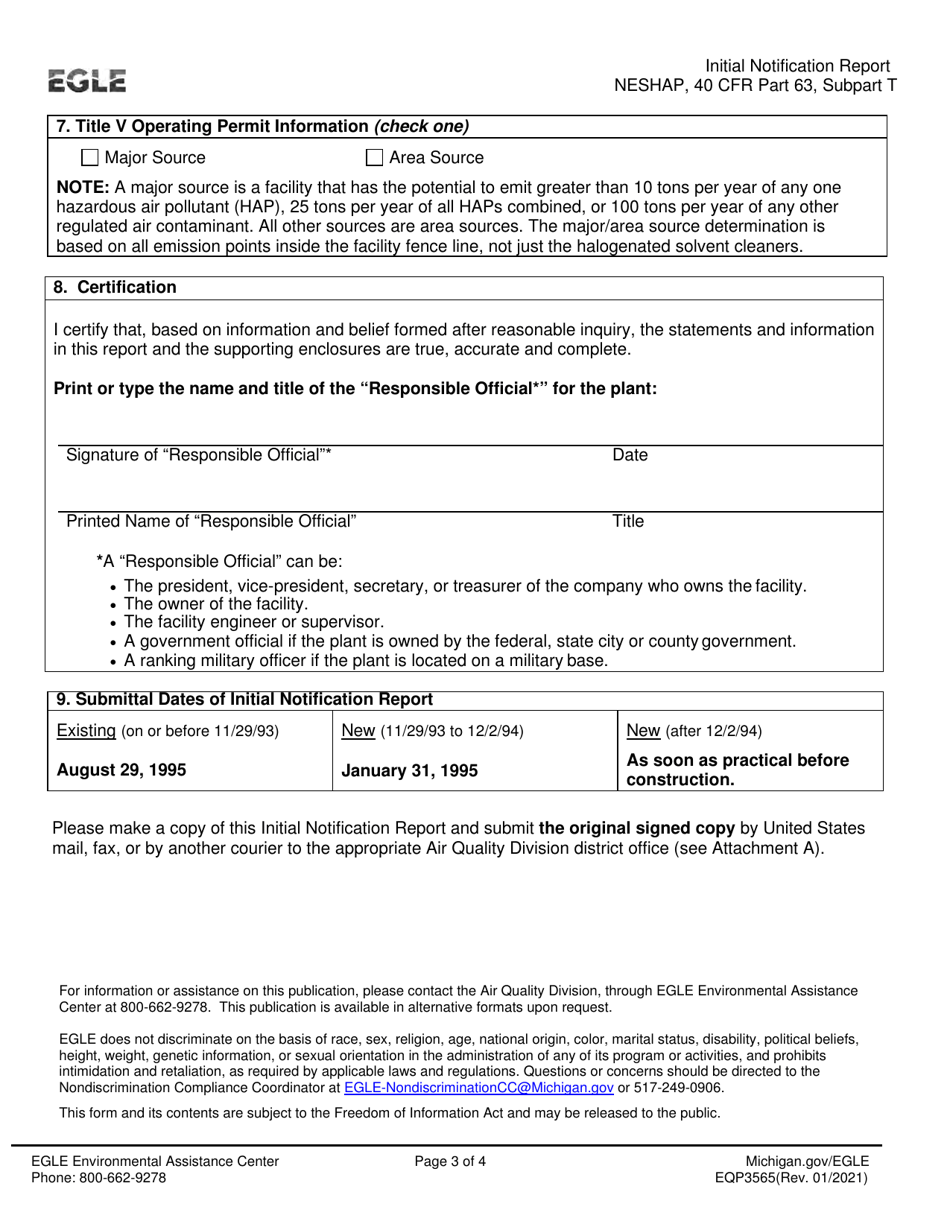 Form EQP3565 Initial Notification Report for All Machines Halogenated Solvent Cleaning Neshap - Michigan, Page 3