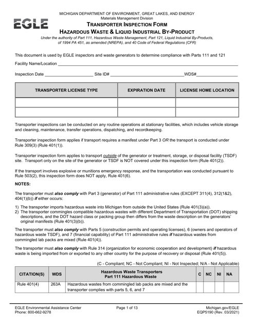 Form EQP5190 Transporter Inspection Form - Hazardous Waste & Liquid Industrial by-Product - Michigan