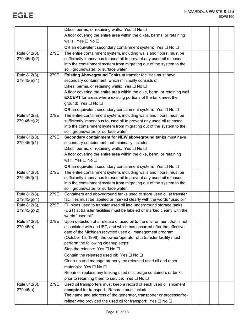 Form EQP5190 Transporter Inspection Form - Hazardous Waste  Liquid Industrial by-Product - Michigan, Page 10