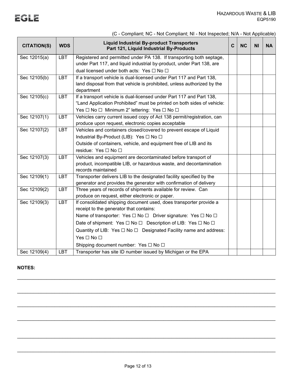 Form EQP5190 Transporter Inspection Form - Hazardous Waste  Liquid Industrial by-Product - Michigan, Page 12