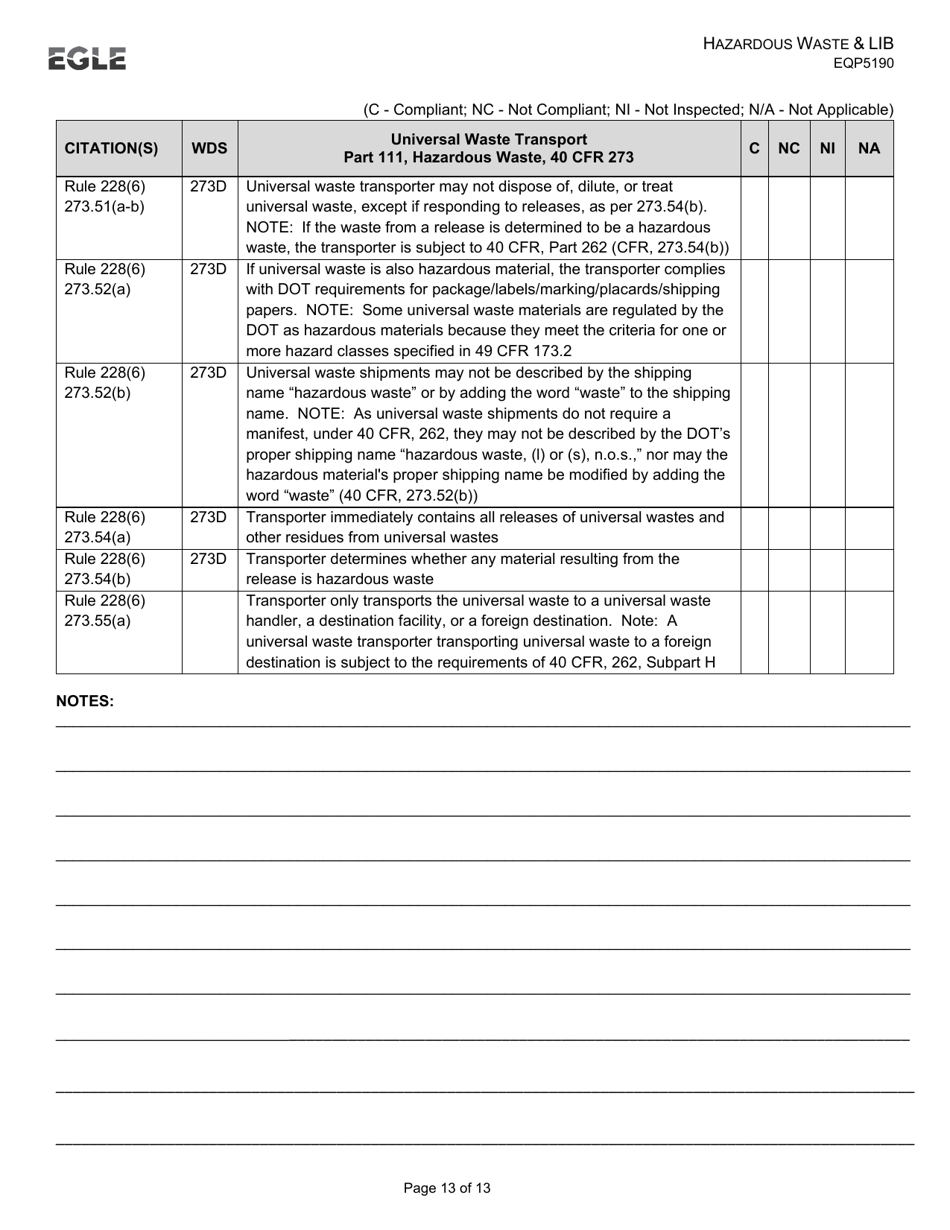 Form EQP5190 Transporter Inspection Form - Hazardous Waste  Liquid Industrial by-Product - Michigan, Page 13