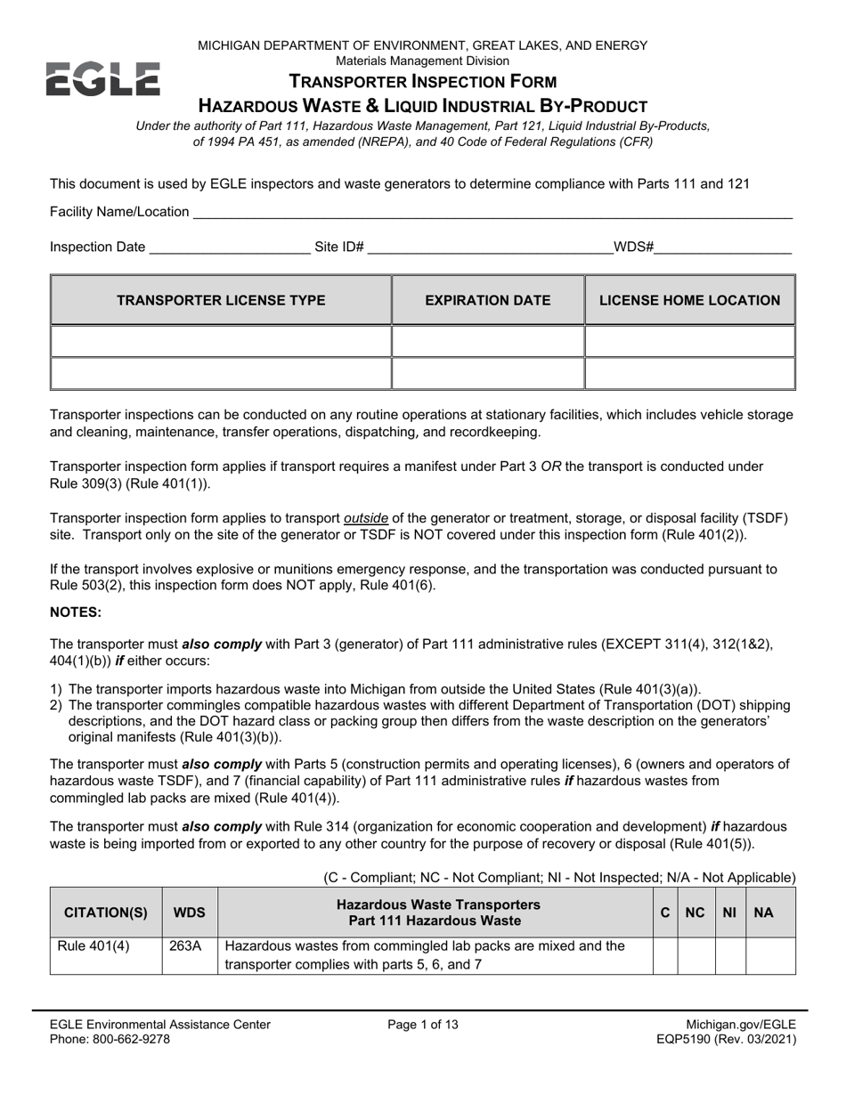 Form EQP5190 Transporter Inspection Form - Hazardous Waste  Liquid Industrial by-Product - Michigan, Page 1