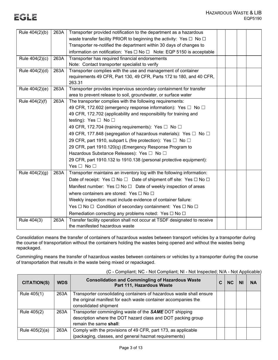 Form EQP5190 Transporter Inspection Form - Hazardous Waste  Liquid Industrial by-Product - Michigan, Page 3