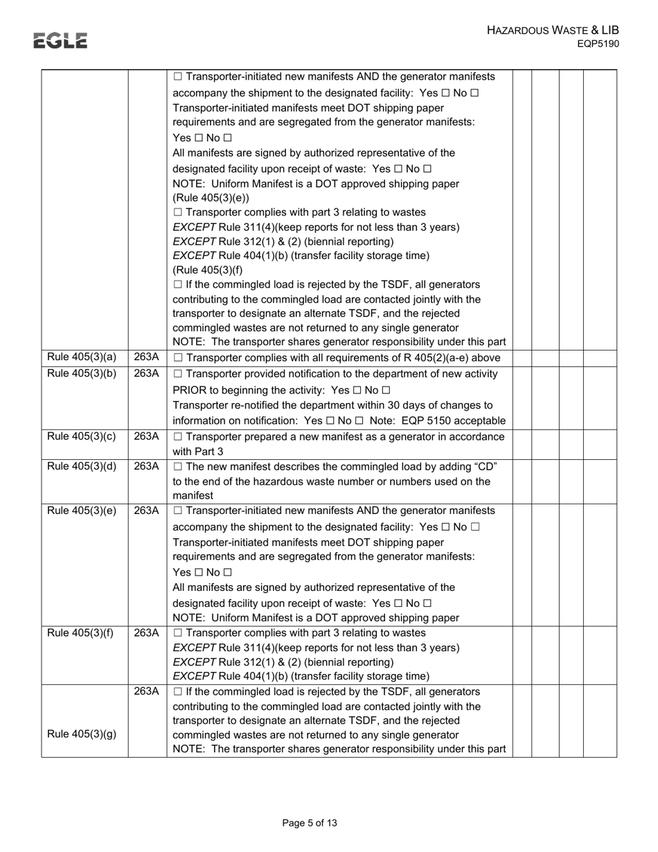 Form EQP5190 Transporter Inspection Form - Hazardous Waste  Liquid Industrial by-Product - Michigan, Page 5