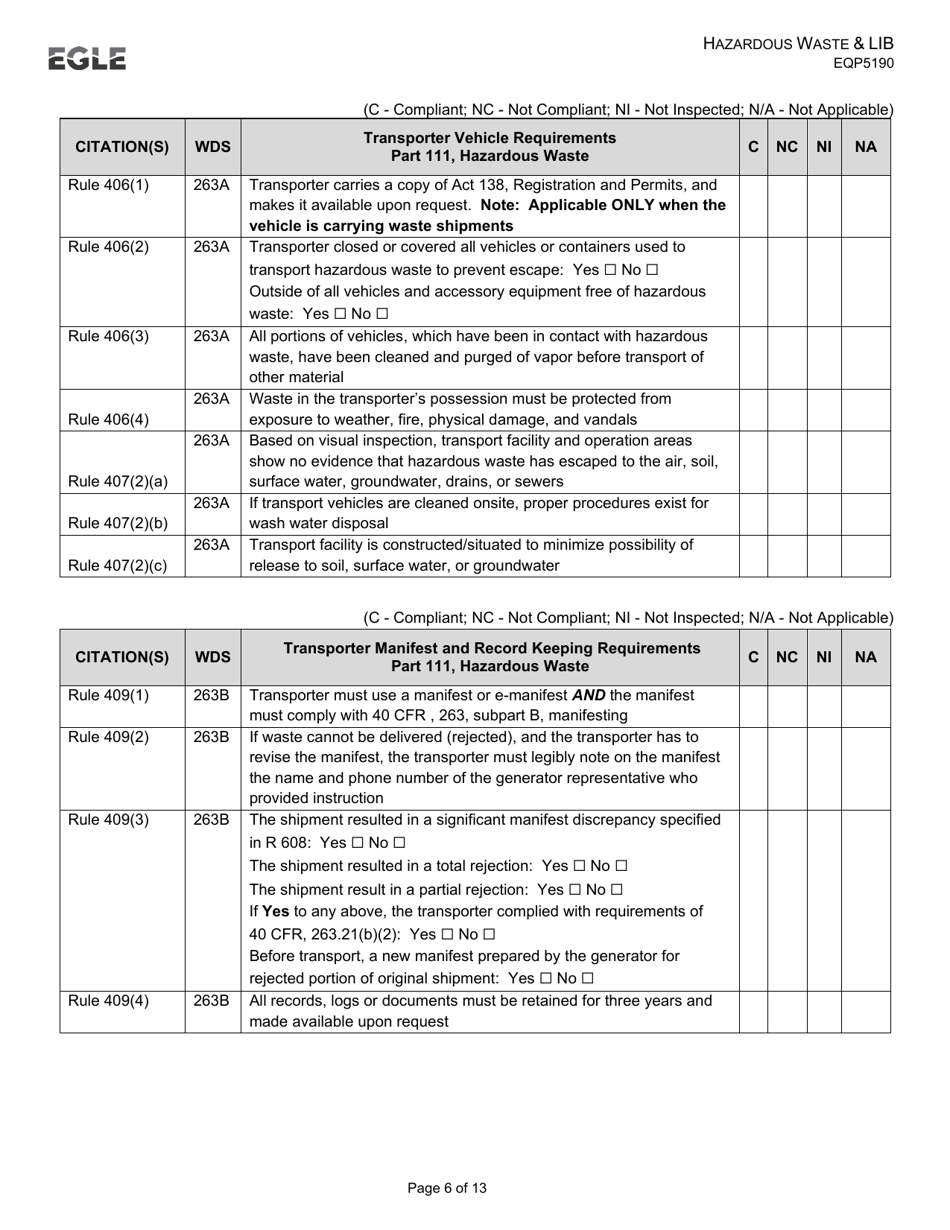 Form EQP5190 Transporter Inspection Form - Hazardous Waste  Liquid Industrial by-Product - Michigan, Page 6