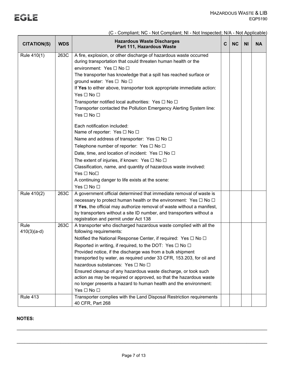 Form EQP5190 Transporter Inspection Form - Hazardous Waste  Liquid Industrial by-Product - Michigan, Page 7