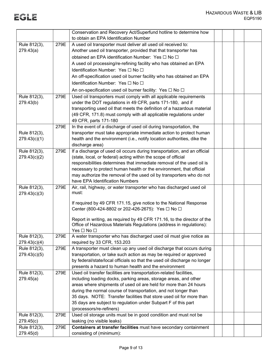 Form EQP5190 Transporter Inspection Form - Hazardous Waste  Liquid Industrial by-Product - Michigan, Page 9