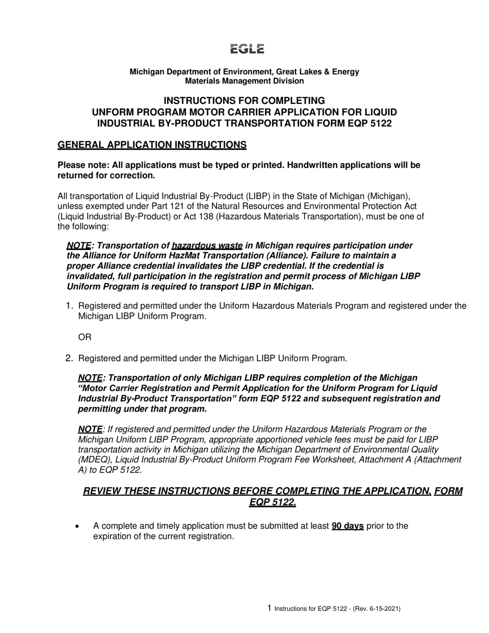 Instructions for Form EQP5122 Application for Liquid Industrial by-Product Transportation - Motor Carrier Registration and Permit for the Uniform Program - Michigan, Page 1