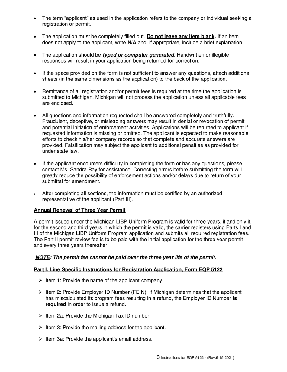 Instructions for Form EQP5122 Application for Liquid Industrial by-Product Transportation - Motor Carrier Registration and Permit for the Uniform Program - Michigan, Page 3